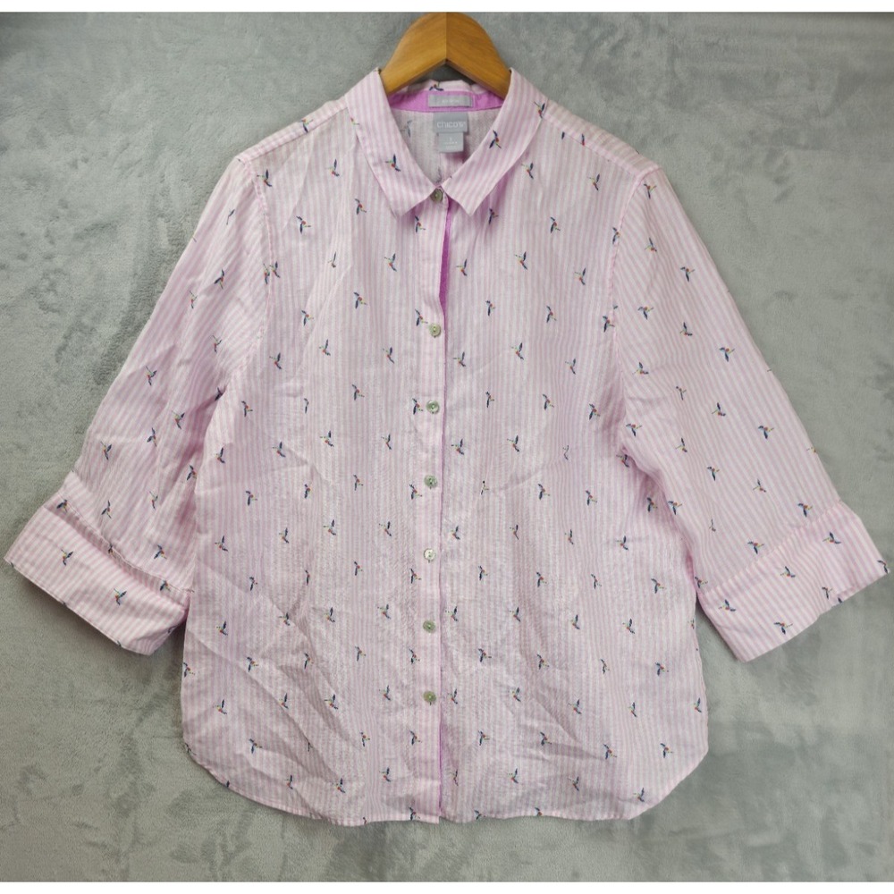 Chicos Size 3 No Iron 100% Linen Bird Print Striped Top XL Preppy Resortwear